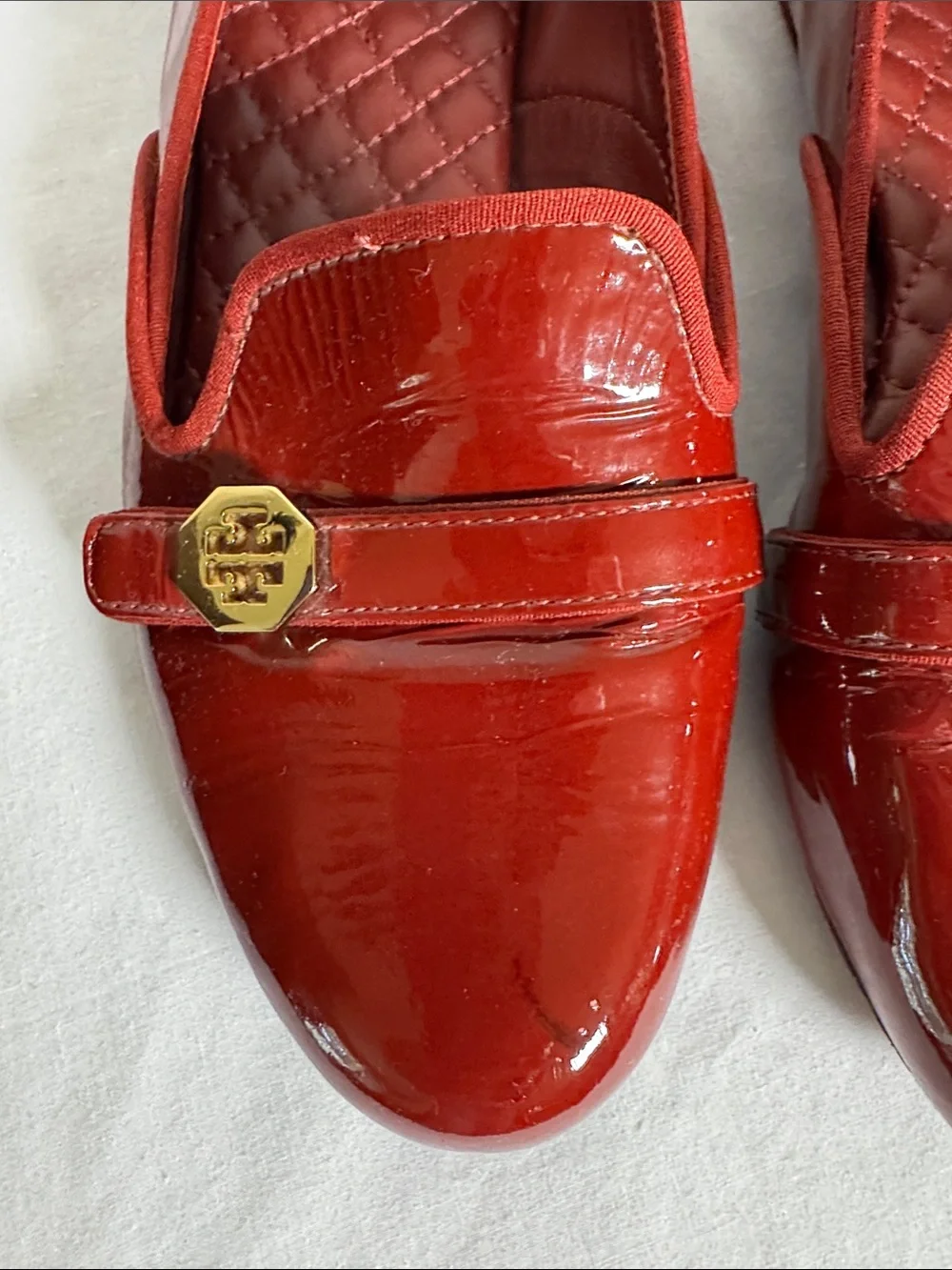 Tory Burch Red Patent Leather Loafers with Gold Logo Sz 9M